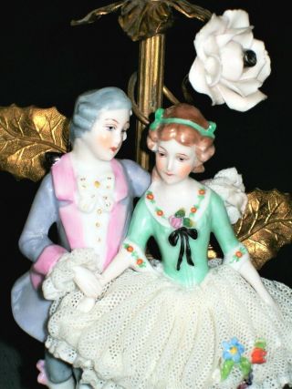 Antique German Dresden Lace Courting Couple Ormolu Porcelain Lamp Figurine