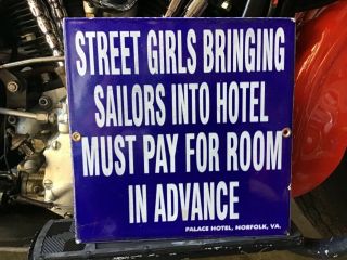 Rare Vintage Porcelain Hotel Street Girl Sailor Sign Harley Route 66 Nyc