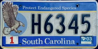 Vtg 2003 South Carolina State Protect Endangered Species Eagle License Plate Tag