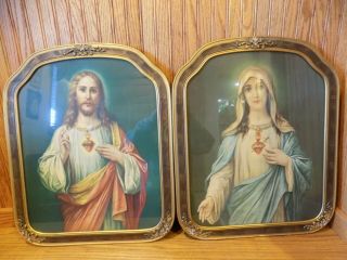 Vtg 2 Sacred Heart Of Jesus & Immaculate Heart Of Mary Framed Picture Religious