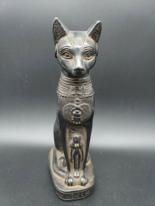 Black Stone Finish Egyptian Cat Goddess Bastet 7.  5 " Statue Heavy