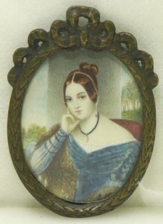 Antique 19th Century Miniature Hand Painted Portrait Of Women Metal Frame (9)