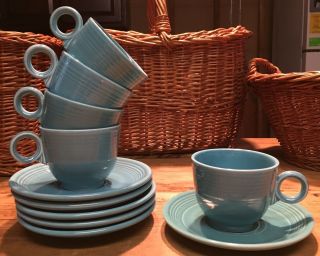 Vintage Fiesta Ware Teacups & Saucers In Turquoise (set Of 5,  Extra Saucer) ✨