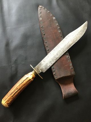 Large Vintage Antler Handle Bowie Knife By Beal & Sons