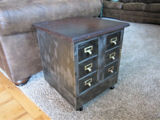 Industrial Cast Iron Wood Library File Cabinet Hardware Storage Chest,  Wheels