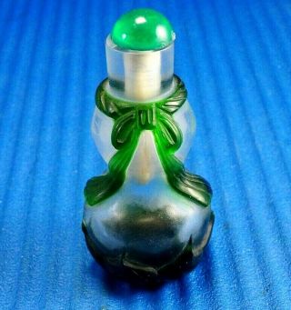 Antique Chinese Snuff Bottle - Green Carved Glass Over Clear Glass Bottle