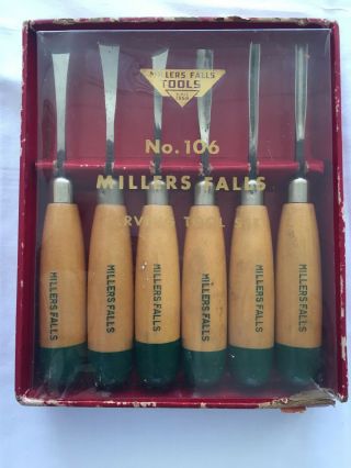 Set Millers Falls Wood Carving Chisel Tool No.  106 W/box Gravers Chip Engraving