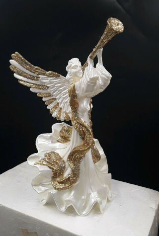 White Acrylic Plastic Angel W/ Trumpet Christmas Tree Topper Decoration 10 " T