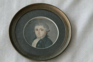 Antique Hand Painted Miniature Portrait In Round Copper/brass Frame