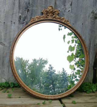 Vintage Large Round Gold Floral Wood & Gesso Wall Mirror W/ Crest 30 " X 26 "