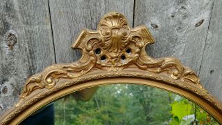 Vintage Large Round Gold Floral Wood & Gesso Wall Mirror w/ Crest 30 