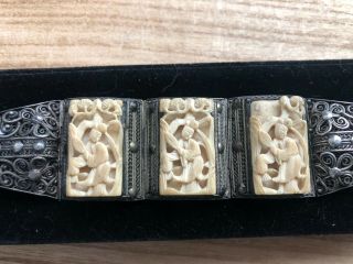 Antique Vintage Chinese Export Silver Filigree Bracelet With Carved Court Lady