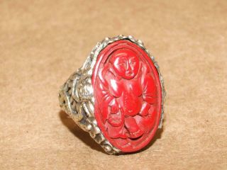 Vtg Chinese Sterling Silver Filigree Dragon Carved Cinnabar Buddha Ring Adjusts