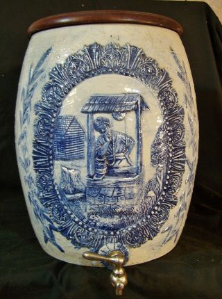 Antique C1915 Robinson Blue Decorated Stoneware Crock Water Cooler 5 Gallon