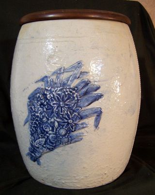Antique c1915 ROBINSON Blue Decorated Stoneware Crock WATER COOLER 5 Gallon 2