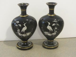 Two Black Glass Vintage Antique Cabinet Vases Enamel Victorian Estate Find