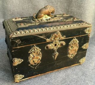 Big Antique French Wood Box Case 19th Century Bronze Ornaments Lion Snake Signed