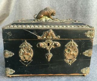 Big antique french wood box case 19th century bronze ornaments lion snake signed 2