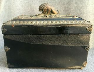 Big antique french wood box case 19th century bronze ornaments lion snake signed 3