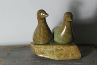 Vintage Mid 20thC Inuit 2 Ducks Brown Soapstone Carving Sculpture Signed EVA 2