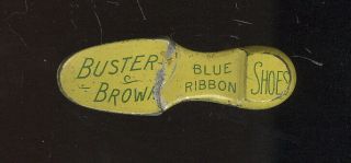 Old Painted Tin Toy Clicker Advertising Buster Brown Blue Ribbon Shoes