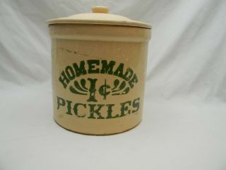 Vtg Homemade Pickles 1 Cent Crock Jar 2 Gal W/lid Stoneware - As Seen On Friends