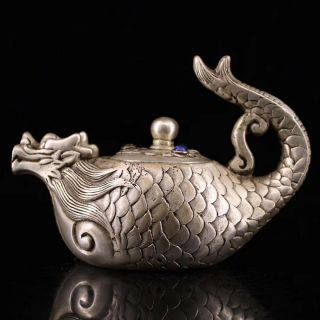 Ancient Collectable Miao Silver Carve Dragon Goldfish Inlay Agate Old Tea Pots
