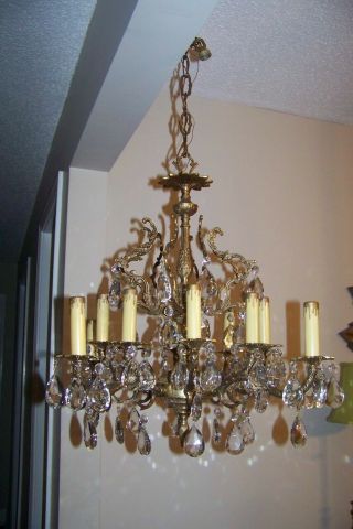 Vintage Ornate Spanish Brass Chandelier 12 Lights W 96 Glass Crystal Prisms Old
