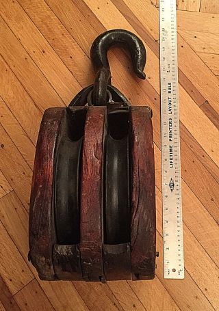 Vintage 20 " Pulley Wood Metal Cast Iron Antique Rustic Barn Cabin Decor Nautical