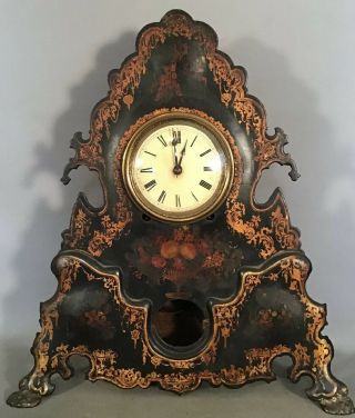 19thc Antique Victorian Era Gilt Painting Cast Iron American Co.  Mantel Clock