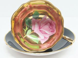 Vintage Tea Cup And Saucer Black Gold Rose Paragon England Fine Bone China