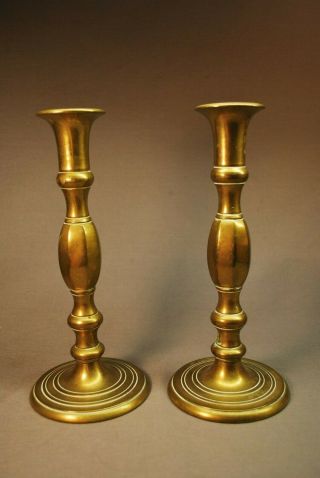 Antique American Brass Candlesticks 19th Century 9 1/2 " Tall Hand Turned