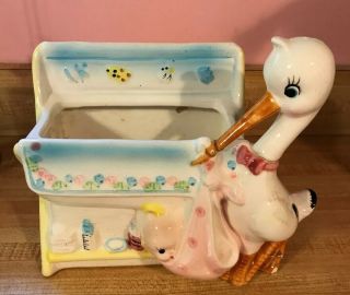 Lefton Stork With Baby Girl Planter Changing Table Repaired H5571