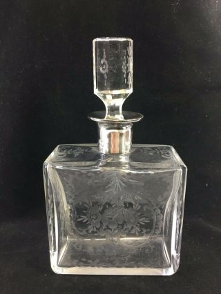 Antique Etched Crystal Decanter With Sterling Silver Collar