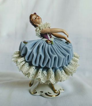 Lovely Antique Dresden Porcelain Lace Dancer Figurine,  Htf Blue,
