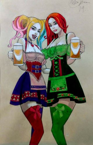 11x17 " Drawing Of Dc Comics Harley Quinn And Poison Ivy Oktoberfest