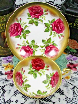 PARAGON RED CABBAGE ROSES HEAVY GOLD GILT WIDE TEA CUP AND SAUCER 2