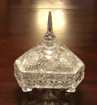 Stunning Lg Unique Vintage Cut Crystal Etched Triangular Covered Candy Dish Feet