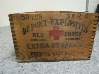 Antique Pre - 1912 Dupont Explosives Wooden Crate - Finger Joints - Red Cross
