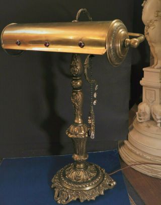 Fine Antique French Gilt Bronze Rococo Revival Desk Lamp /ruby Glass Jewels1915