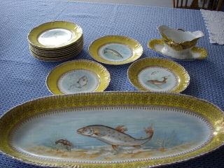 Antique Victoria Carlsbad Porcelain Fish Platter,  12 Plates,  Sauce Boat Austrian