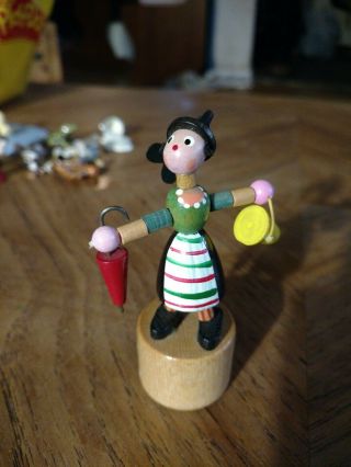 Vintage Italy Push Up Push Button Wooden Toy Puppet Woman Umbrella Bucket Dress