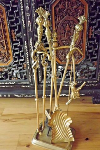 Vintage Ornate Brass Fireplace Tool Set Stand,  Matchbox Piece