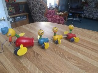 Vintage Fisher Price Wooden Pull Toy Momma Duck & 3 Babies Made In Usa 1950 