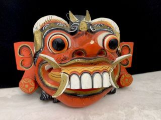 Vintage Mask Hindu Bali Wooden Hand Carved Painted Wall Hang Barong Demon God