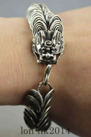 Collectible Chinese Handwork Tibet Miao Silver Carve Dragon Head Lucky Bracelet
