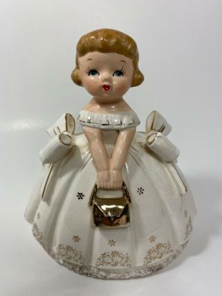 Vintage Napco Girl Planter Holding Gold Purse With Ivory Dress And Bows
