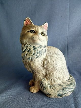 Hubley Cast Iron Cat Doorstop White Persian Green Eye Signed Antique Vintage Usa