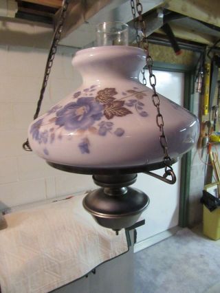 Vintage Gwtw Style Hanging Pewter Lamp With Blue Glass Shade And Chimney