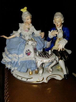 Dresden Lace Porcelain Figurine Couple Playing Chess Germany
